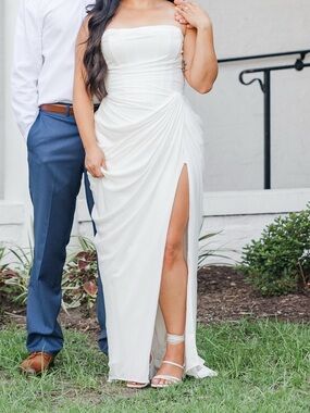 Strapless White Ruched Side-Slit Dress